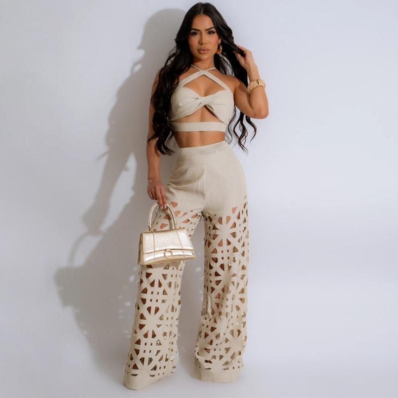 Women's New Burnt Flowers Two-piece Sexy Halter Top with Hollowed Out Wide-legged Trousers Fashion Suit