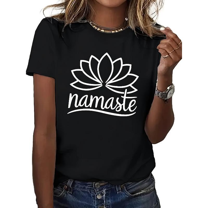 Women's Lotus Graphic Print T-Shirt, Short Sleeve Crew Neck Casual Relaxed Fit Top