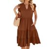 QICED Spring Summer Solid Color V-neck Loose Short Sleeve Waist Patchwork Dress