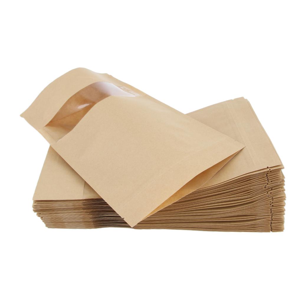 50x Kraft Paper Bag Stand Up Pouch Food Zip Lock Packaging W/ Window 9x14+3