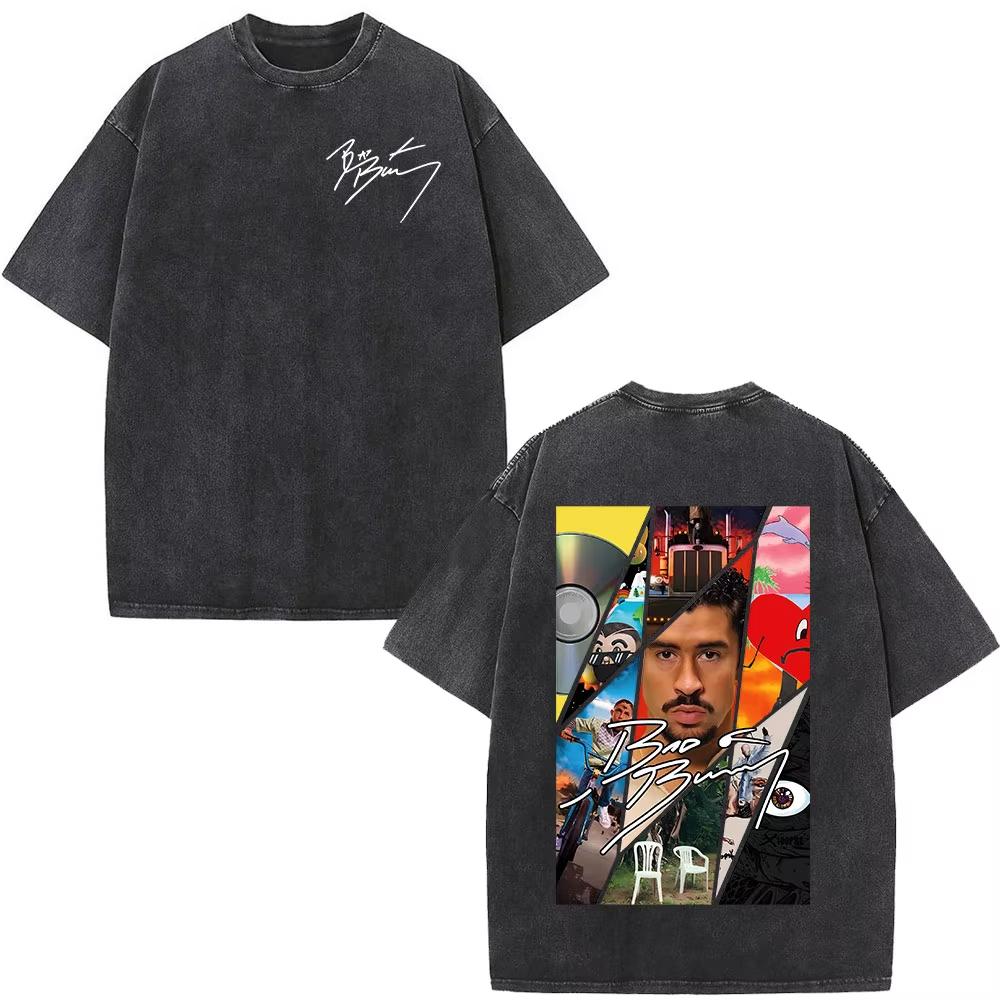 Rapper Bad Bunny T-shirt Debi Tirar Mas Fotos DTMF Album 2026 Washed Vintage T Shirt Men's Women Hip Hop Oversized Male T-shirts