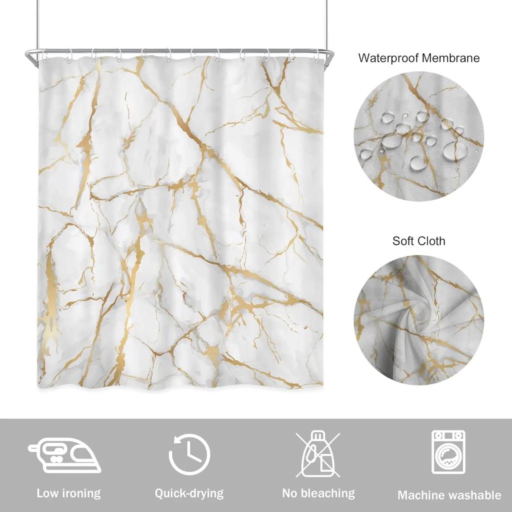 1Pc Waterproof Polyester Shower Curtain With 12 Plastic Hooks, Golden Marble Printed Bath Curtain Fabric Curtain For Bathroom