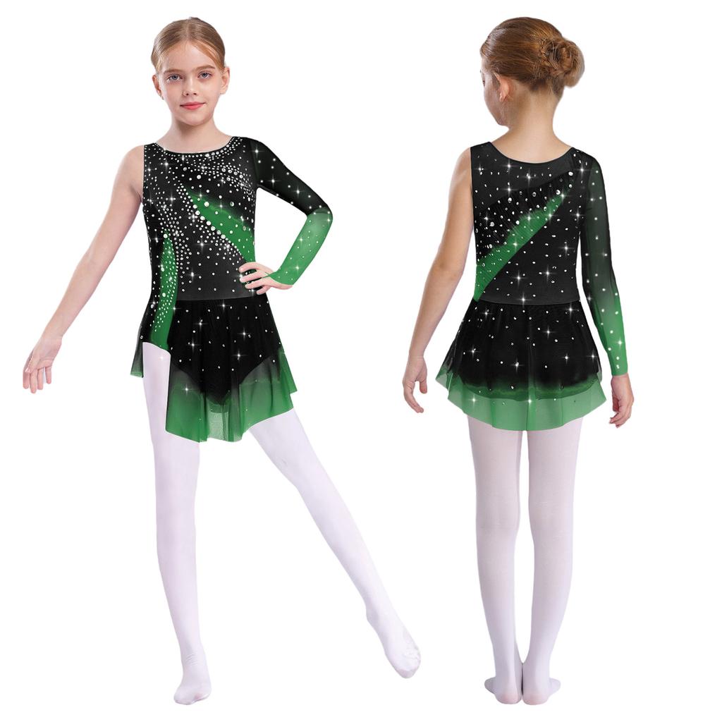Kids Figure Skating Dress - Rhythmic Gymnastics Costume with Round Neck, Asymmetrical Split & Rhinestone Details