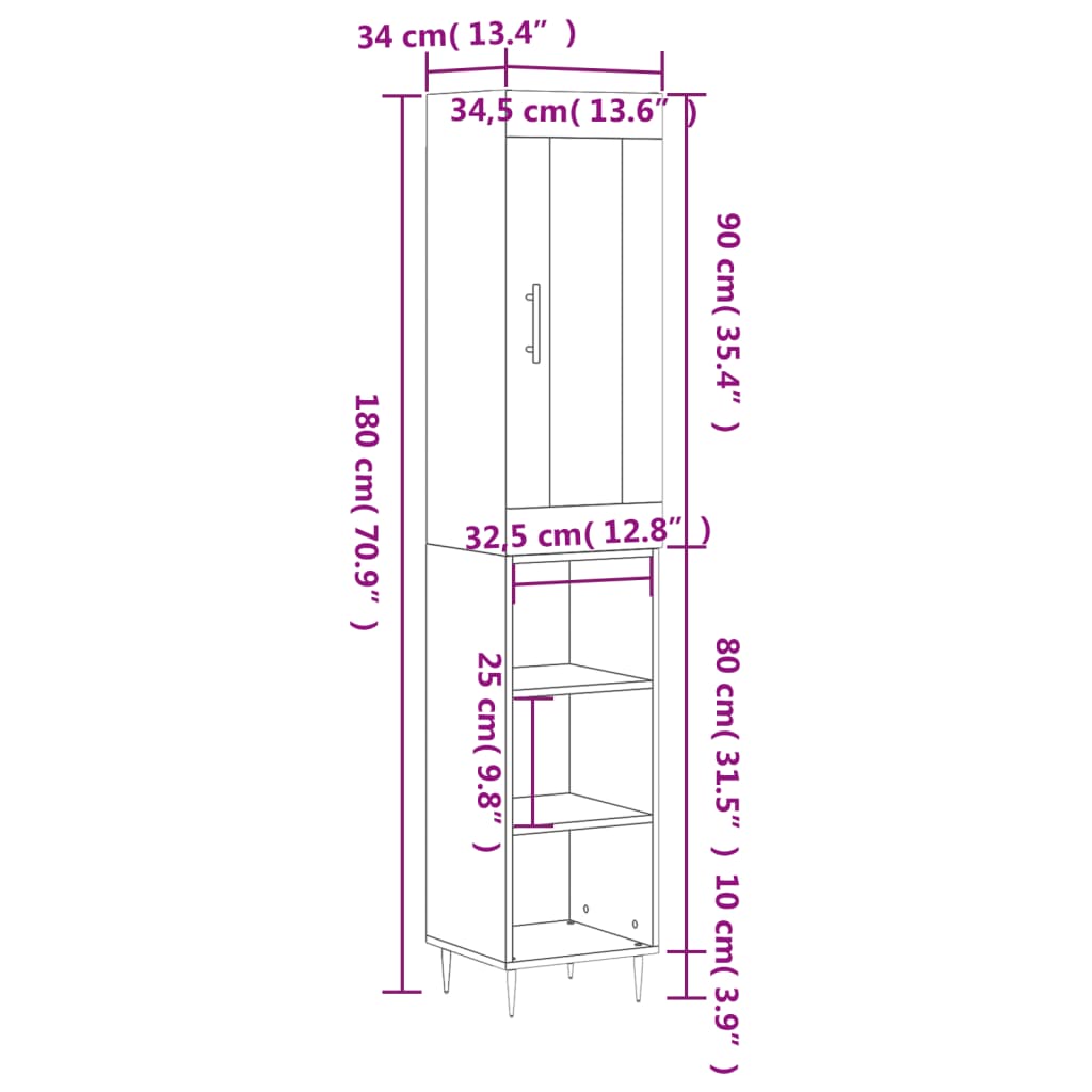 Highboard Smoked Oak 34.5 X 34 X 180 Cm Particleboard