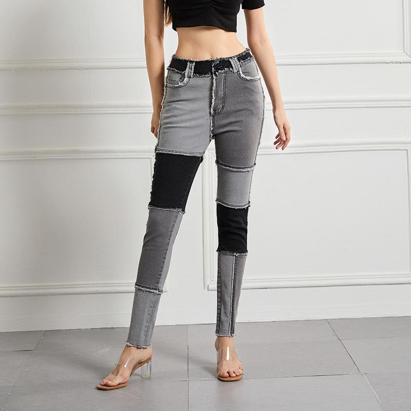 GMXIA Women's Jeans Slim High Waist High Stretch Small Leg Pants Large Size Pants Raw Edge Splicing