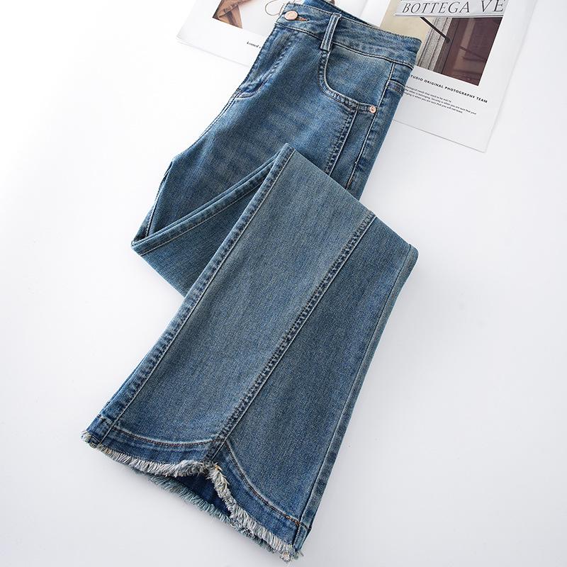 Women's Blue High-Waisted Stretch Flare Jeans with Slit Hem - Spring 2026