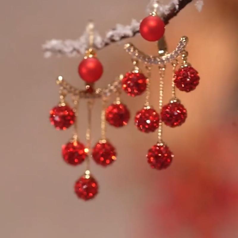 Red Pearl Diamond Ball Back Hanging Stud Earrings Women'S Two-Wear Design Versatility Earrings