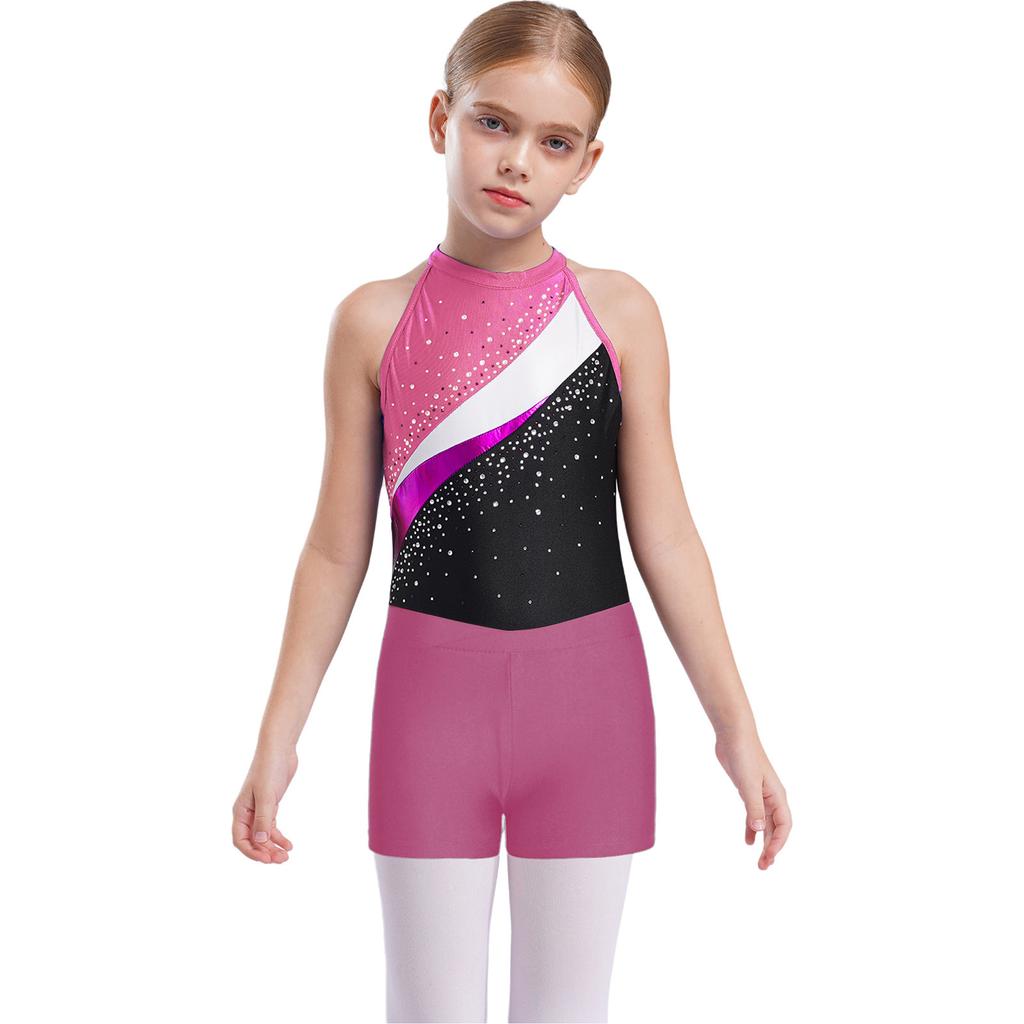 Girls Gymnastics Training Set Sleeveless Rhinestone Patchwork Leotard V Front Waistband Shorts Hair Band