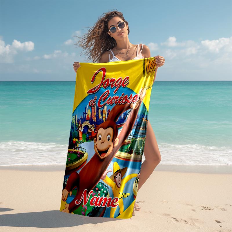 Personalized customized proof beach towel with Curious George pattern - soft, absorbent, quick-drying, perfect swimming, camping&bathing