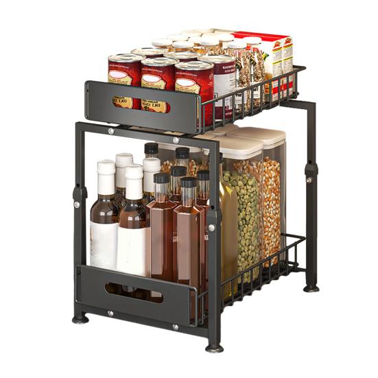 Kitchen Storage Rack Strong Load-bearing Large Capacity Adjustable Height 2-Tier Under-Sink Organizer with Pull-Out Drawers