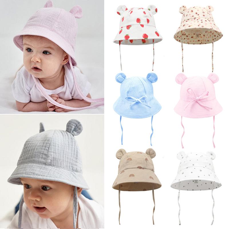 Baby Sommerhut 100% Baumwolle Verstellbarer Kinder Eimerhut Musselin Cartoon Kinder Panama Hut Säuglings Haube Kleinkind Hut 1-3J