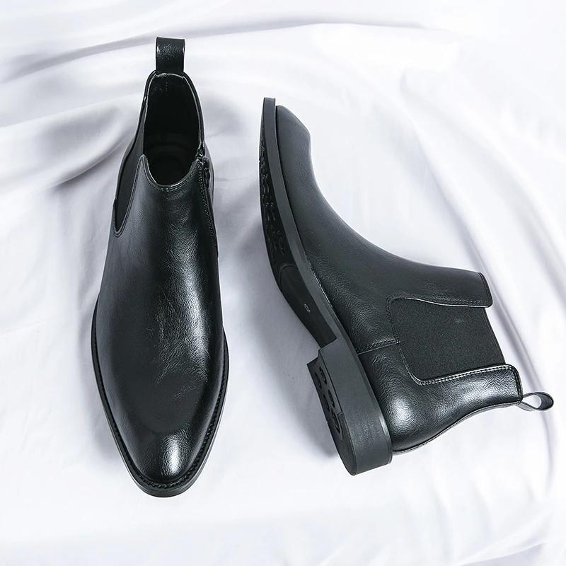 Fashion Brown Chelsea Boots Men Business Black Round Toe Zipper Slip-On Solid Men's Formal Boots Size 38-45