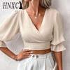 HNXC Women's Fashion Casual Summer Solid Color Print Long Sleeve V-Neck Blouses & Shirts