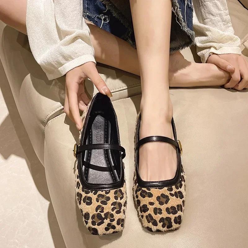 Ny Design Dam Ballerinaskor Fyrkantig Tå Leopardtryck Casual Skor Andningsbara Slip-on Utomhus Damer Mary Jane Skor Zapatos