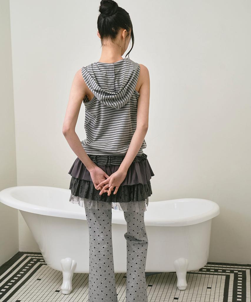 THE GREEN LAB Striped Glam Hooded Sleeveless Top [Light Gray]