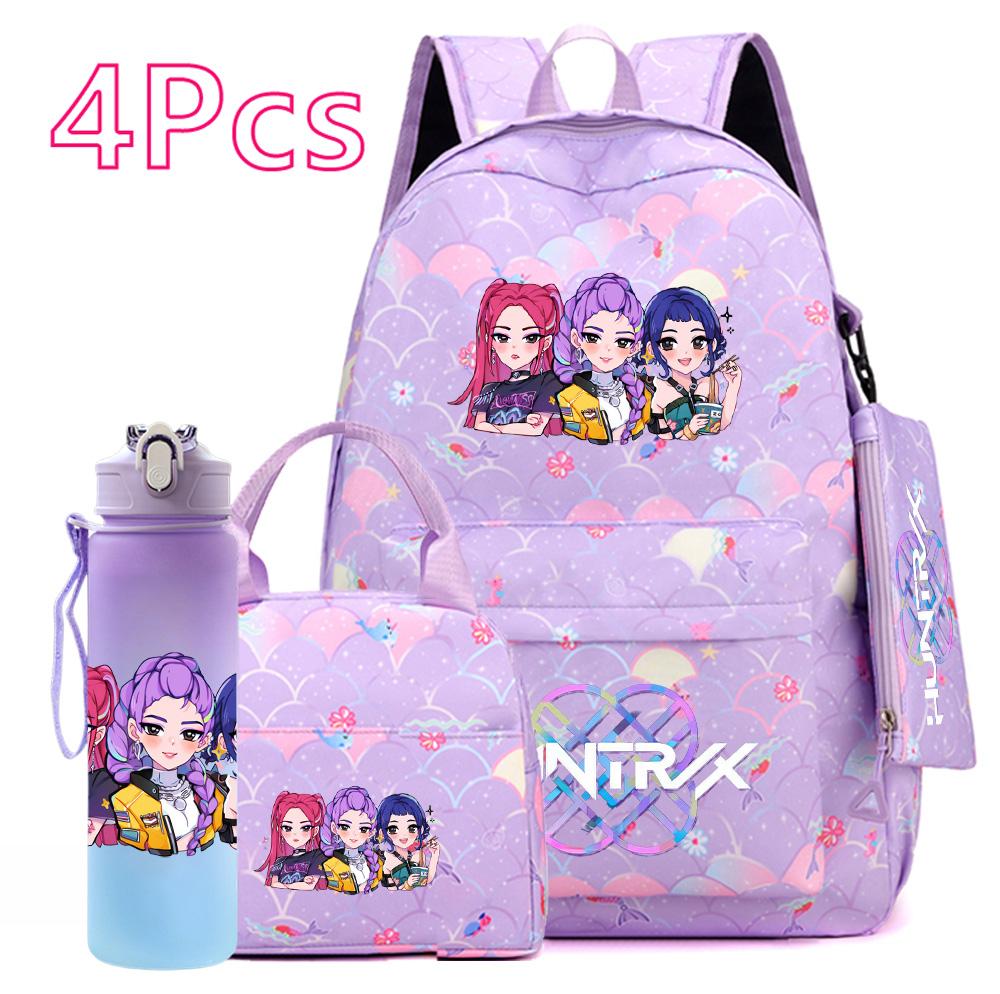 Set 4 pezzi/set Anime Carino Stampato Zaino Grande Capacità Borsa da Libro Borsa a Mano Astuccio con Borraccia da 750 ml Zaini Scolastici Impermeabili per Ragazzo Ragazza Mochila