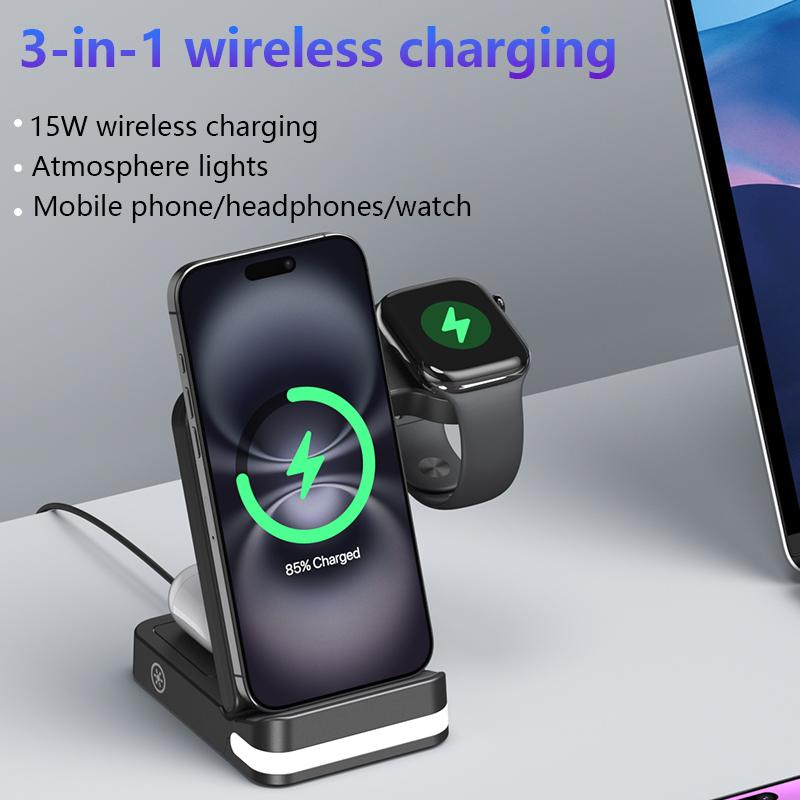 3 in 1 Wireless Charger Stand For iPhone 16/15/14/13/12/11/X Foldable Fast Charging Station For i-Watch Ultra/10/9/8 AirPods