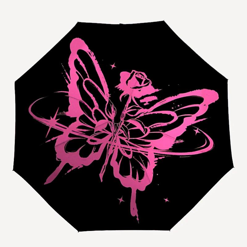 1pc Butterfly Rose Pattern Automatic Folding Umbrella - Compact 8-Rib Design, Durable Plastic & Iron, Lightweight for Outdoor Daily Use072