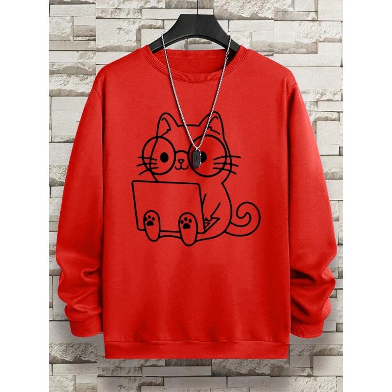 Gentleman Cat At Work Print Man Sweatshirt Hip Hop Loose Hoodie Autumn Hoody Fashion Streetwear Pullover O-Neck Pullovers & Long Sleeves Men’s