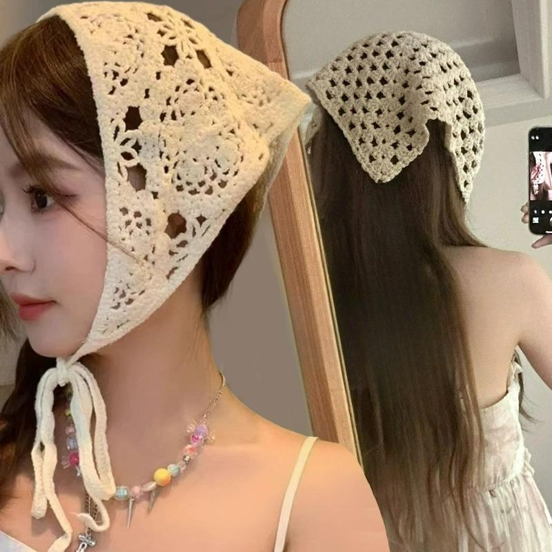 Beige Cotton Hollow Triangle Headband Towel for Women Summer Travel Hair Scarf Bandana French Style Hollow Lattice Headbands