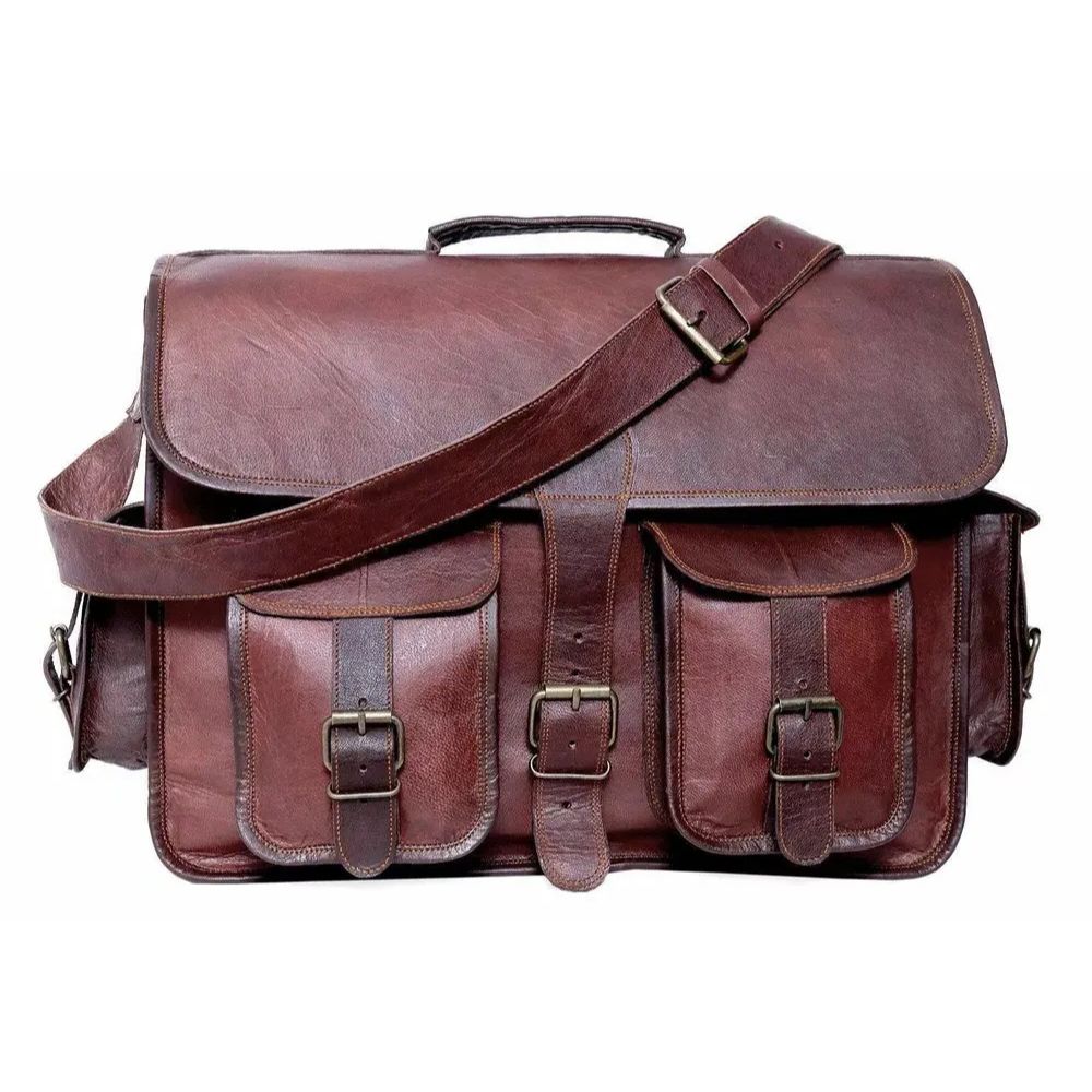 Men's Goat Leather Messenger Real Satchel Bag Genuine Laptop Brown Briefcase