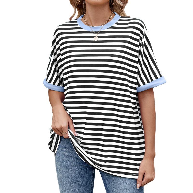 Women's Summer New Stripe Clash Colour Round Neck Loose Short Sleeve T-Shirt Top