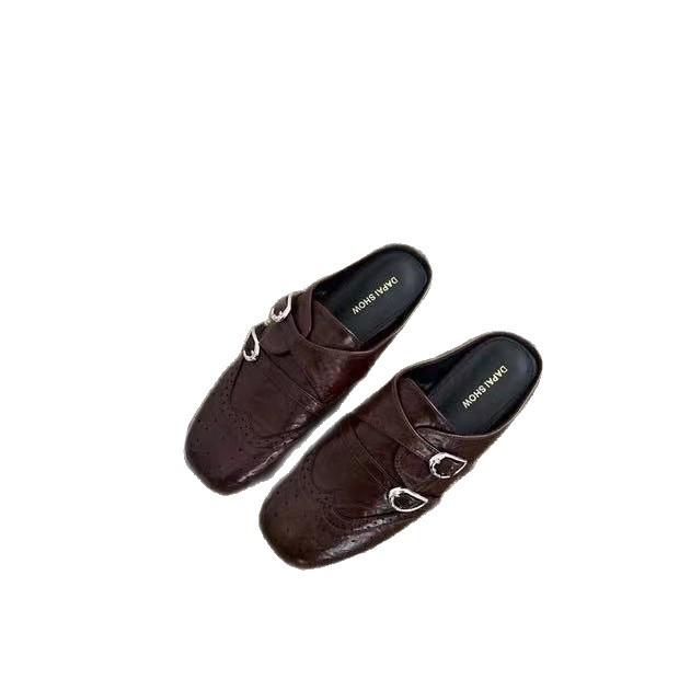 [Excluding Tax] Platform Half Slippers Retro Carved Square Head Loafers Women'S Shoes New British Style Bag Head Slippers