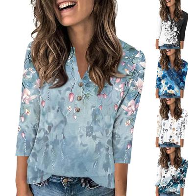 Women's Fashionable Casual 3/4 Sleeve Button Print V-Neck Pullover Top