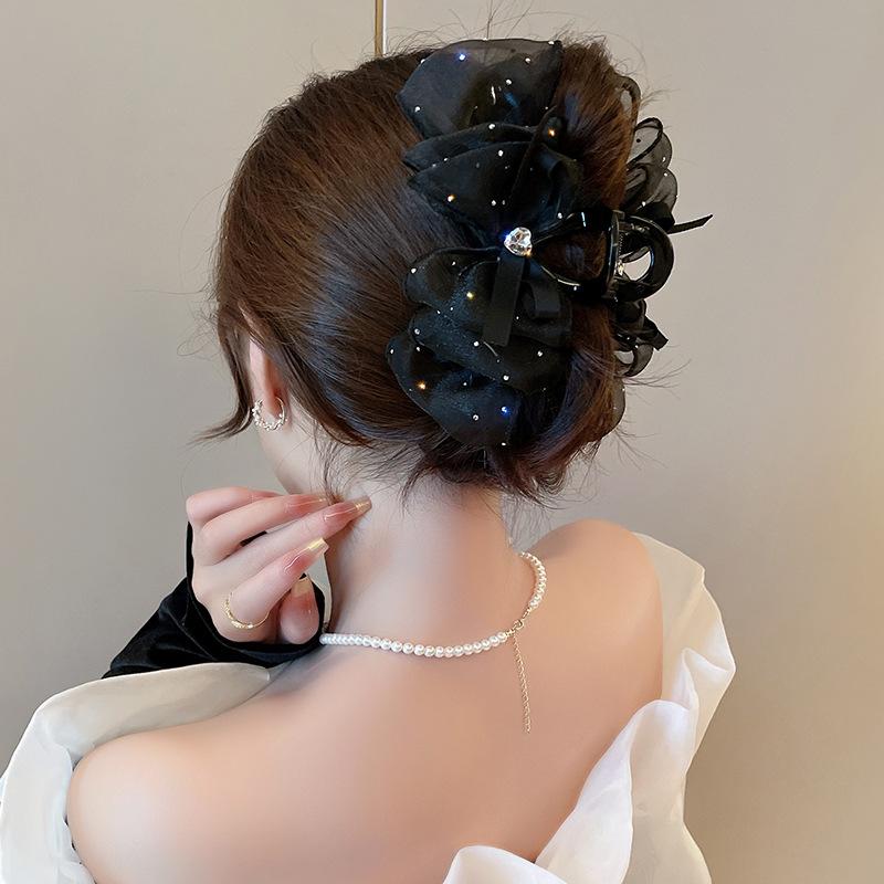 Elegant Love Mesh Rhinestone Bow Hair Grasp Clip Sided Shark Hairpin Princess Korean Hair Accessories for Women