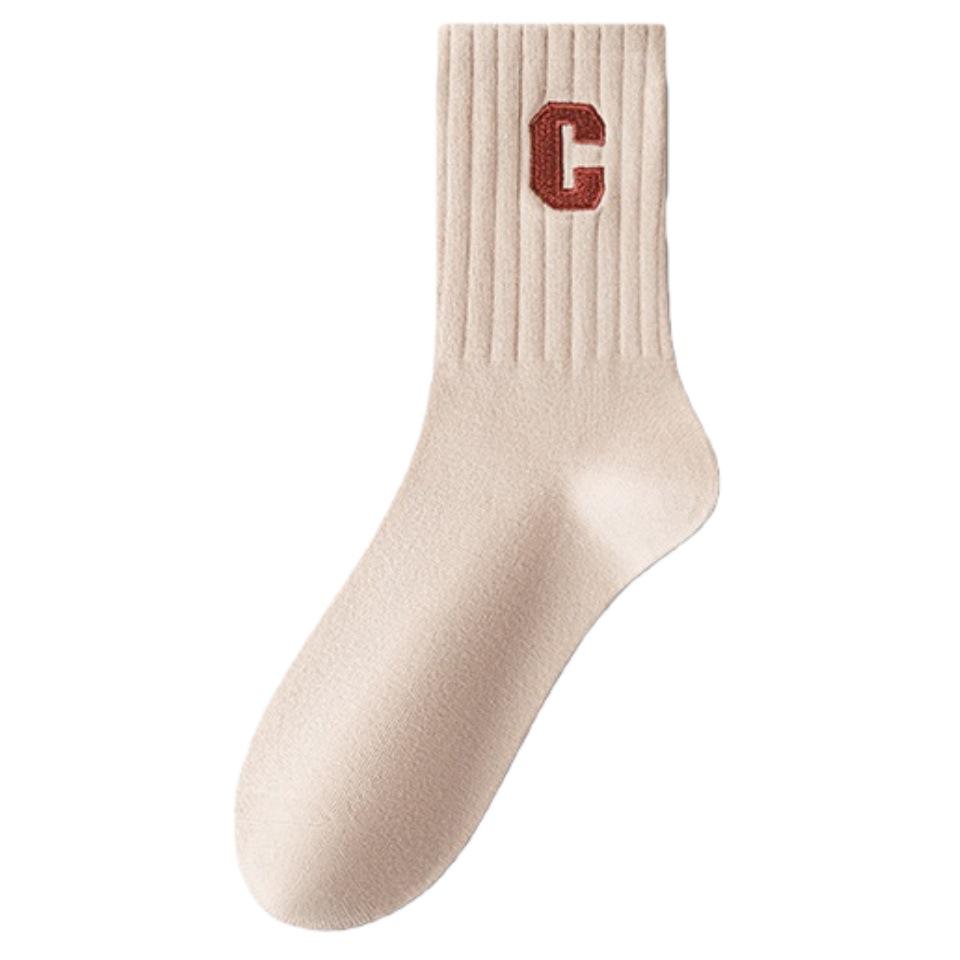 Women's Mid-calf Sweat-wicking Cotton Socks with Trendy Embroidered C Letter - Autumn/Winter Collection