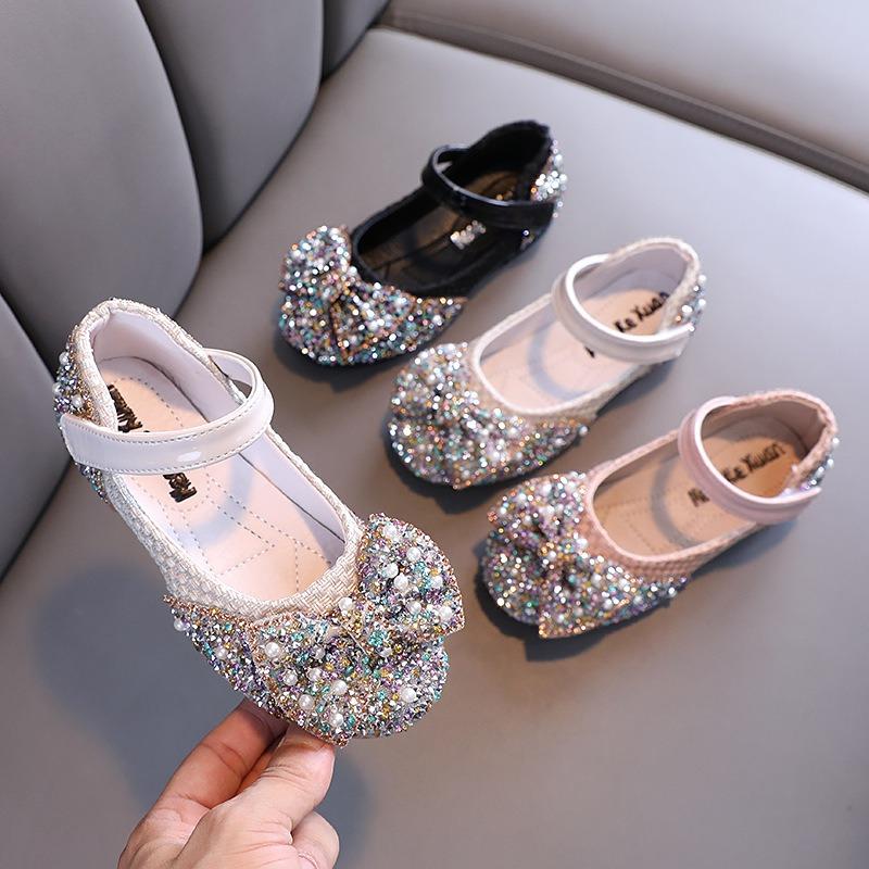 Girls' flat shoes, spring-autumn new style, colorful rhinestones & bowknot, small/medium/large children's dance shoes, performance shoes