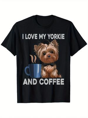 100% Katoen, Zwart Korte Mouw Ik Hou Van Mijn Yorkie En Koffie Grafisch T-shirt Unisex T-shirt