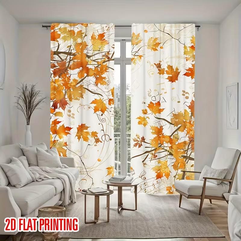 2Pcs Yellow Maple Leaves Print Curtains,suitable for Bedroom,living Room Kitchen Decoration,home Decoration,window Decoration