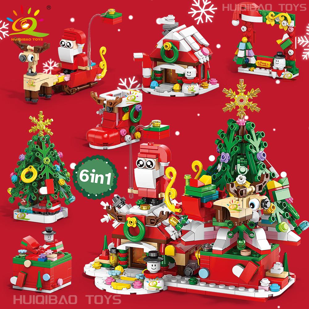 6in1 Christmas Tree Santa Claus Snowhouse Model Building Block DIY Elk Snowman Train Bricks Ornament Toys Adult Gift