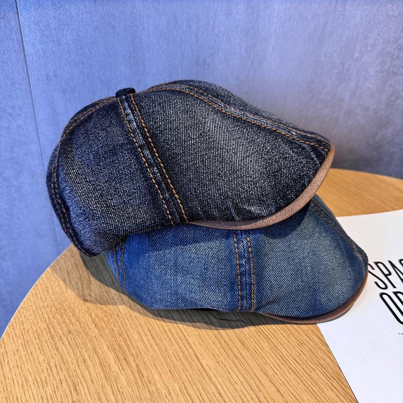 New washed old retro denim splicing octagonal hat literary small fresh fashion painter hat tide
