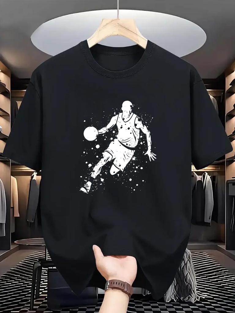 T-shirt da Uomo con Stampa Geometrica da Basket - Tessuto a Maglia, Comodo Top Sportivo Streetwear per l'Uso Estivo all'Aperto