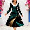 Damen Große Größen Pelzig V-Ausschnitt Langarm Abstraktes Muster A-Linie Midi-Kleid Schwarz Türkis Gold Gürtel