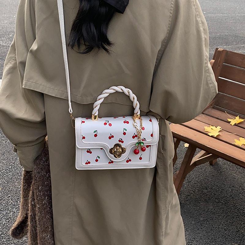 Women Cherry Square Bag PU Leather Sweet Cherry Crossbody Bag Adjustable Strap Sling Ladies Outdoor Small Handbags