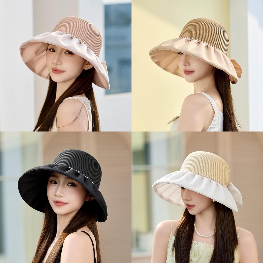 Womens Summer Sun Hat With Pearl Accent And Breathable Polyester Material For Sunshade And Style