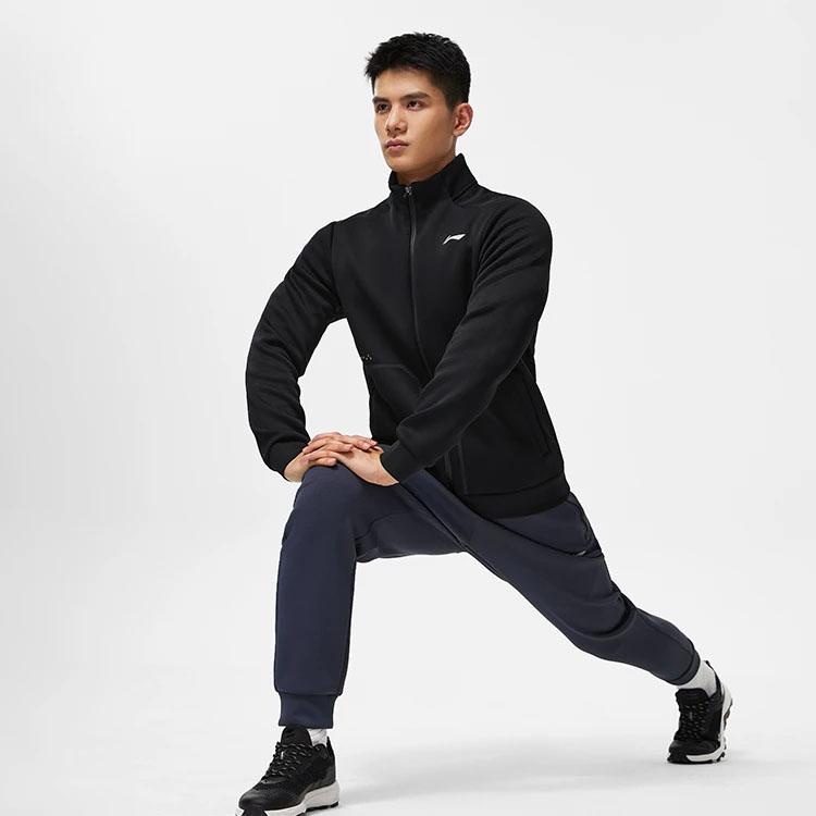 Li Ning Fitness Series Sweatshirts Men's Black Stand Collar Moderate Cardigan AWDT437-1