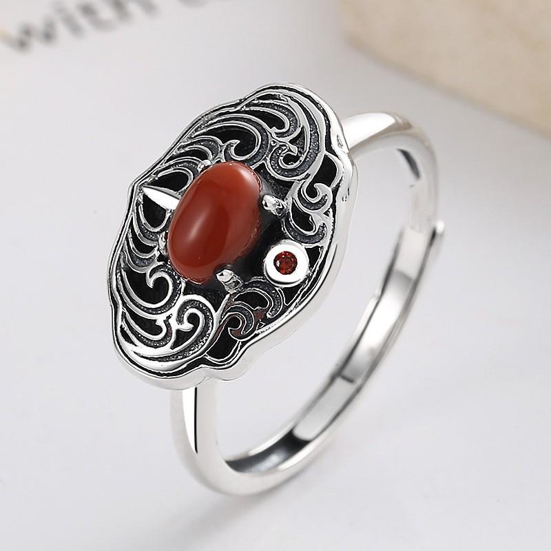 Adjustable Open Ring Men Women Vintage Bohemian Style With Filigree Cutout Design Red Agate Inlay Copper Base Retro