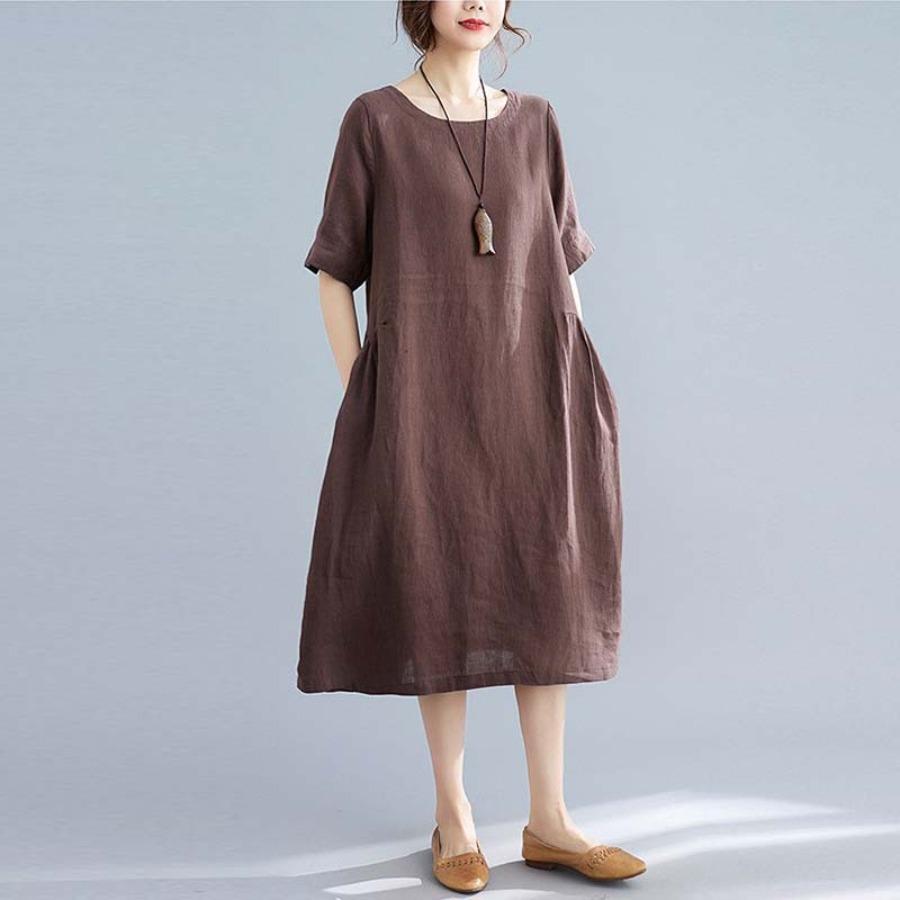 Cotton Linen Solid Vintage Dresses Summer Autumn Clothing Women Casual Mid-length Dress
