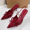 Red Bow Slingbacks High Heels For Woman Sexy Pointed Toe Patent Leather High Heels Autumn Elegant Woman Heeled Shoes