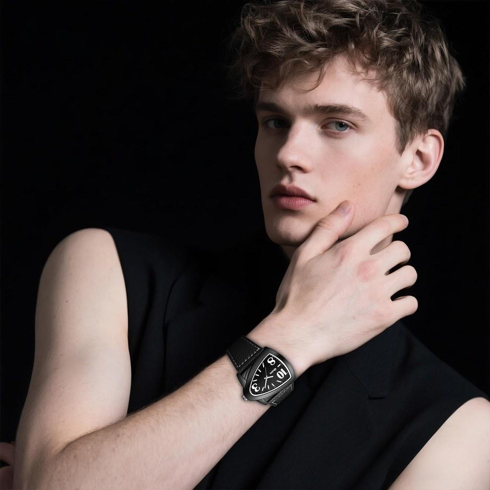 Oidea Triangular Stainless Steel Men's Wristwatch Fashion Stylish Unique PU Strap Cool Masculine Gift Anniversary Birthday Black