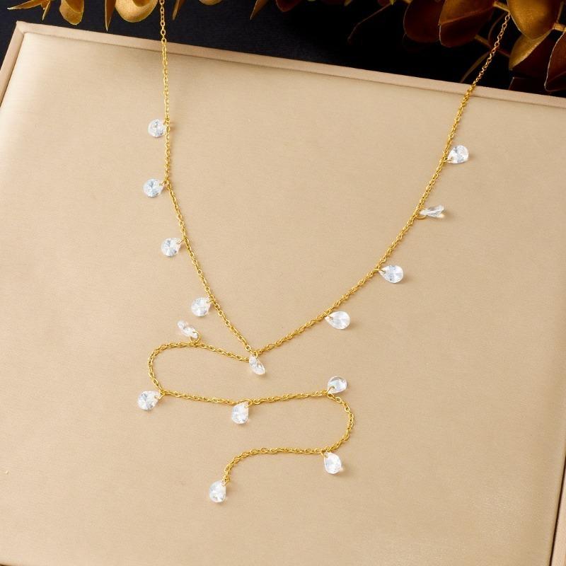Gold Plated Dangling Cubic Zirconia Necklace for Women Stainless Steel
