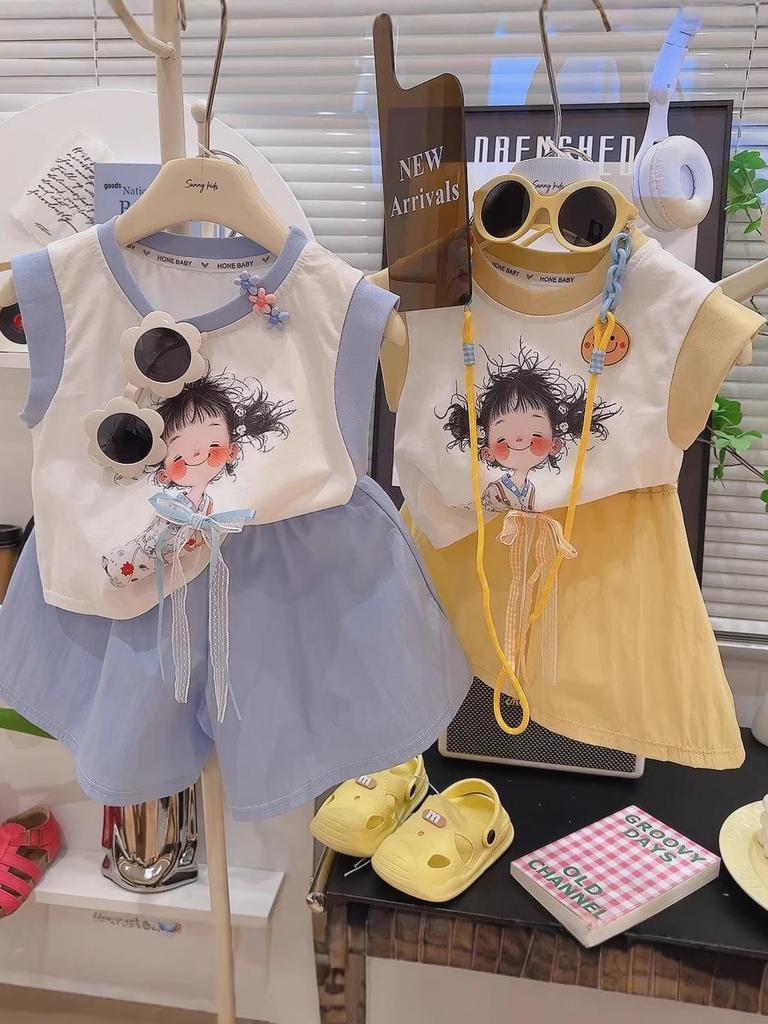 Girls' Dopamine Style Color Block Print Sleeveless Two-Piece Set - Cute Summer T-shirt and Shorts