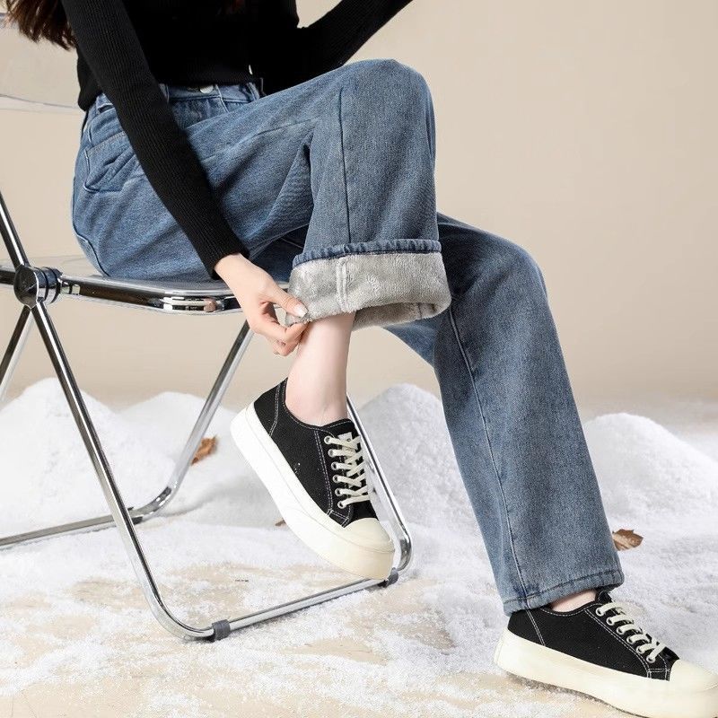 Tjocka jeans med plus sammet för höst och vinter, hög midja, smala tjejer, lös passform, raka, allsidiga, moppar golvet