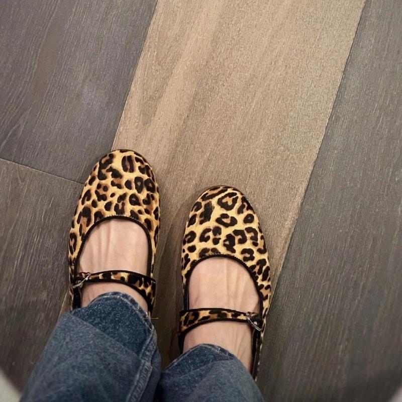 Schaffellversion~ Superweiche Sohle Leder Leopardenmuster Mary Jane Schuhe Damen Einzelschuhe Ballerina Schuhe Ein-Wort Schnallenriemen Damenschuhe