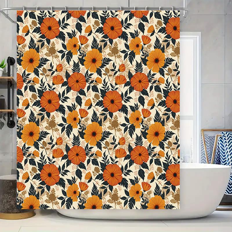Modern Floral Shower Curtain Orange Flowers Green Leaves Decorative Bathroom Liner For Kids Bathrooms 72 X 39 (180Cm X 99Cm) [Bl