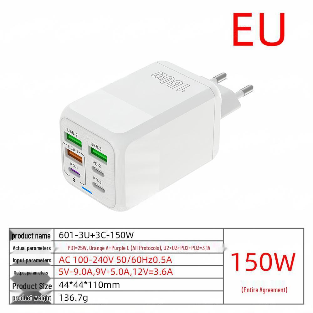 150W Multi-Port Charger: 3PD+3USB for Apple, Huawei, and More Fast Charging